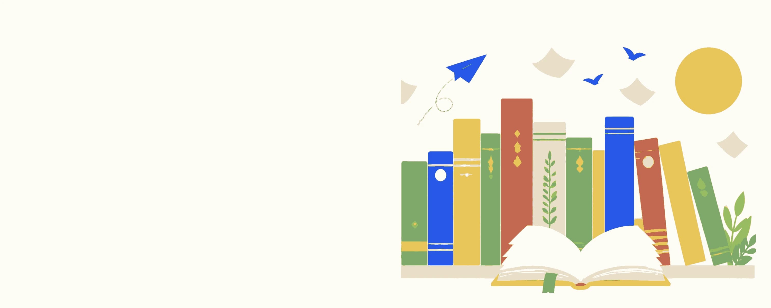 Raf dolusu renkli kitap sırtı; önünde açık iki kitap, sayfalarından ay, yaprak, yıldız ve kâğıt uçak yükseliyor